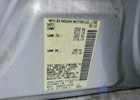 2015 Nissan Altima 2.5 z USA, uszkodzony, nr VIN 1N4AL3AP9FC175272